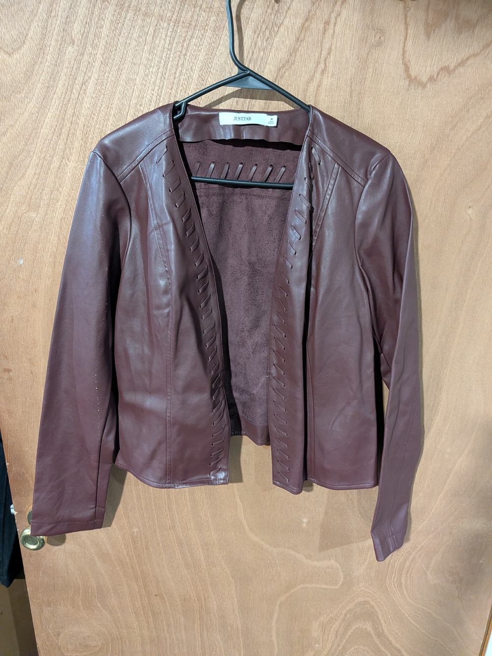 JustFab Women's Burgundy Leather Open-Front Jacket